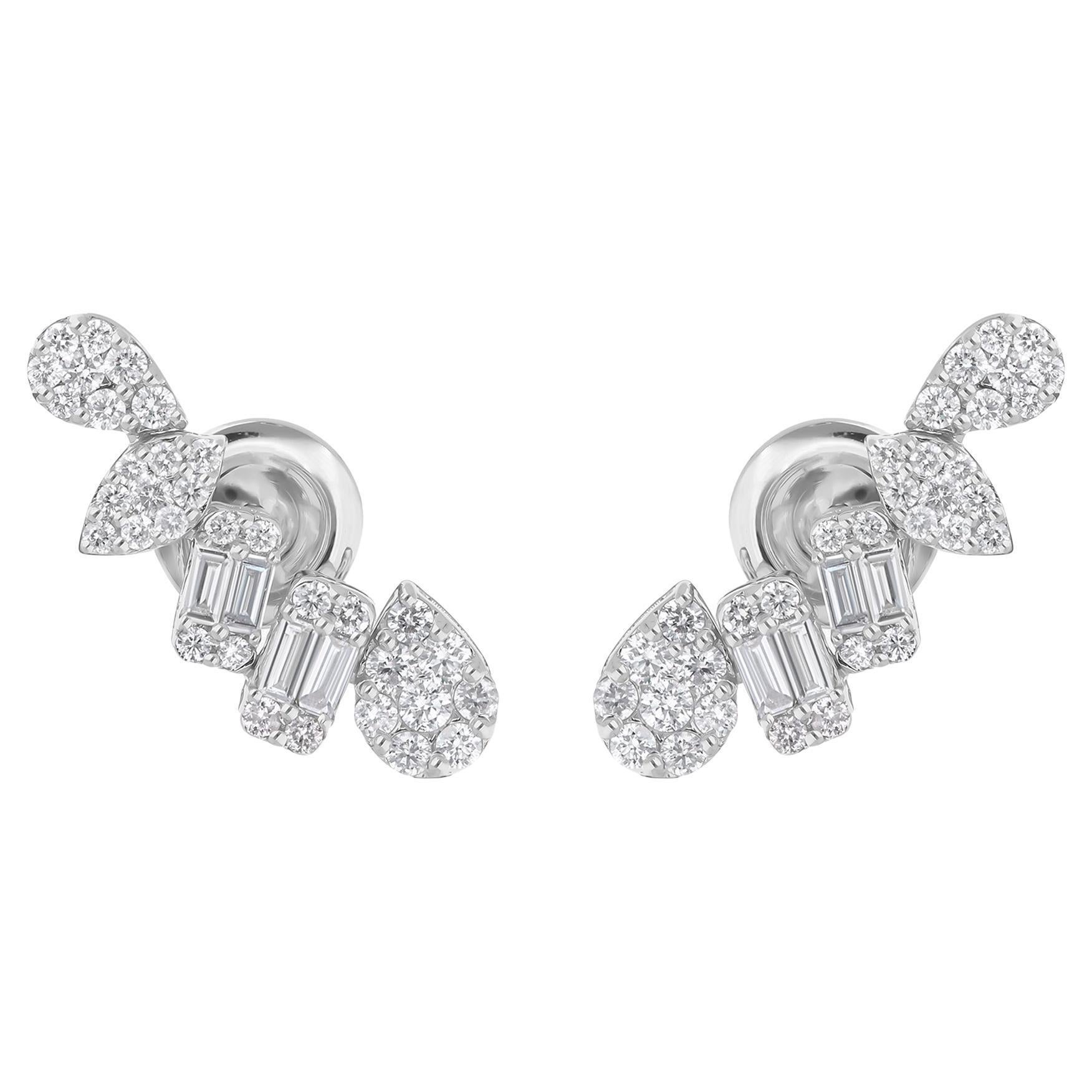 Pendientes de diamantes redondos y baguette naturales de 0,98 quilates Joyas de oro blanco de 14 quilates