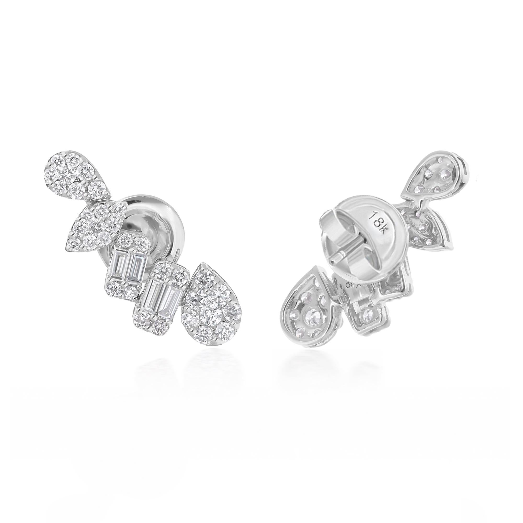 Set in lustrous 18 Karat White Gold, these earrings boast a luxurious and enduring beauty. The cool, silvery hue of white gold serves as the perfect backdrop for the fiery brilliance of the diamonds, enhancing their luminosity and creating an aura