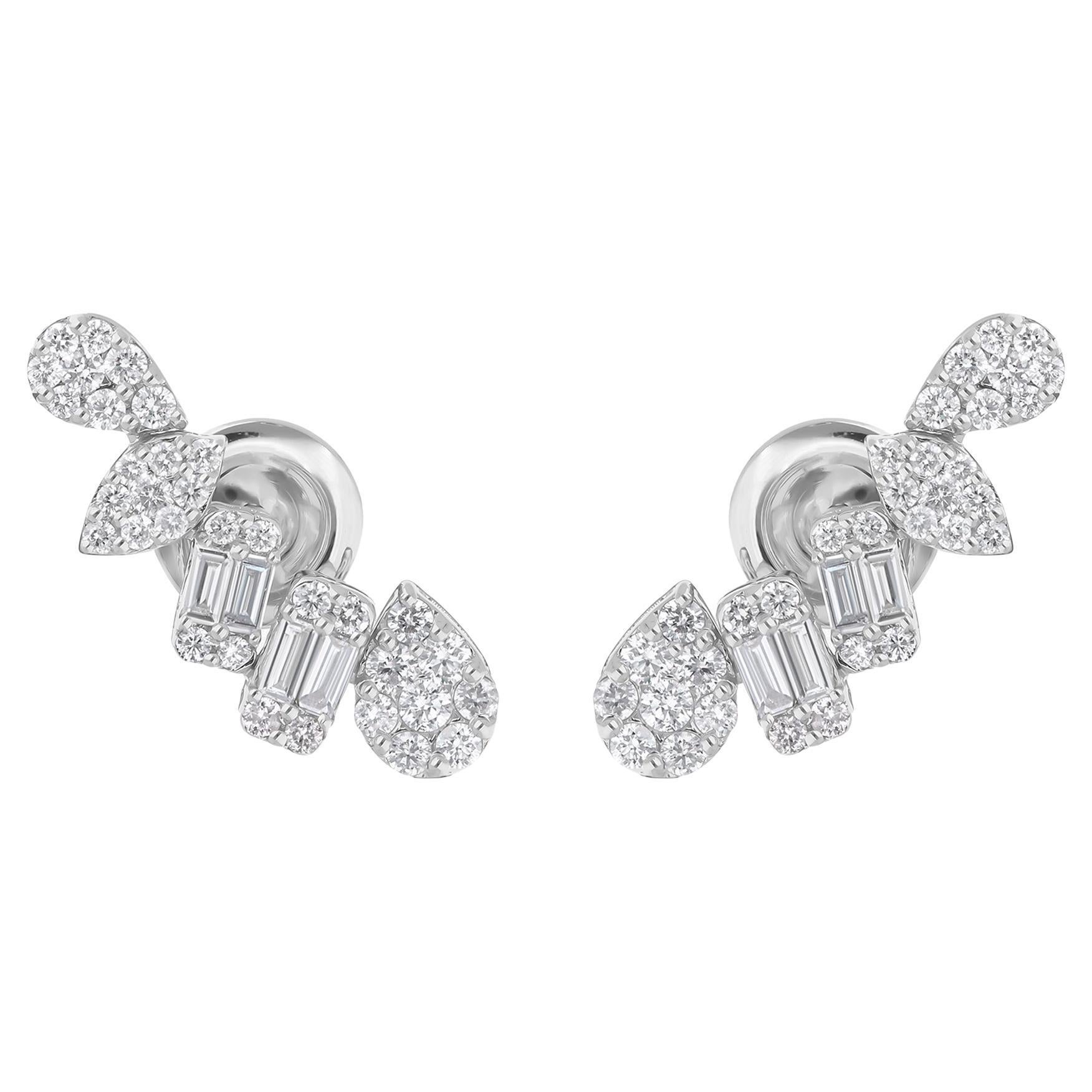 Natural 0.98 Carat Baguette & Round Diamond Earrings 18 Karat White Gold Jewelry For Sale