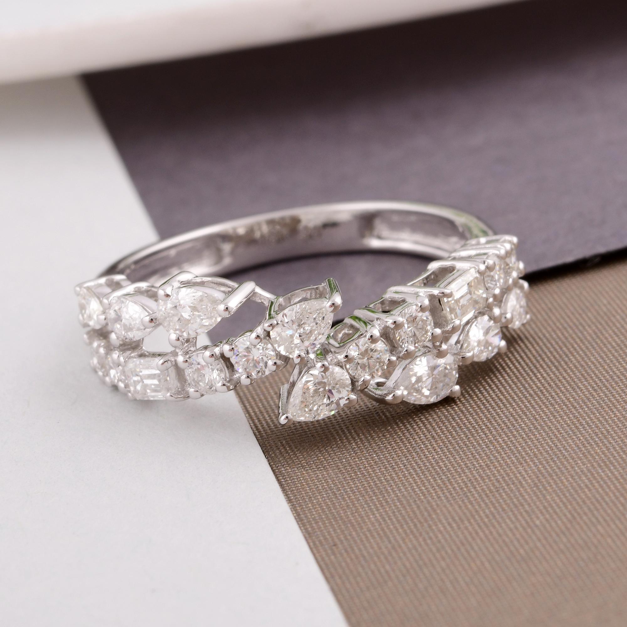 Modern Spectrum Jewels Real Pear Round & Emerald Cut Diamond Ring 18 Karat White Gold For Sale
