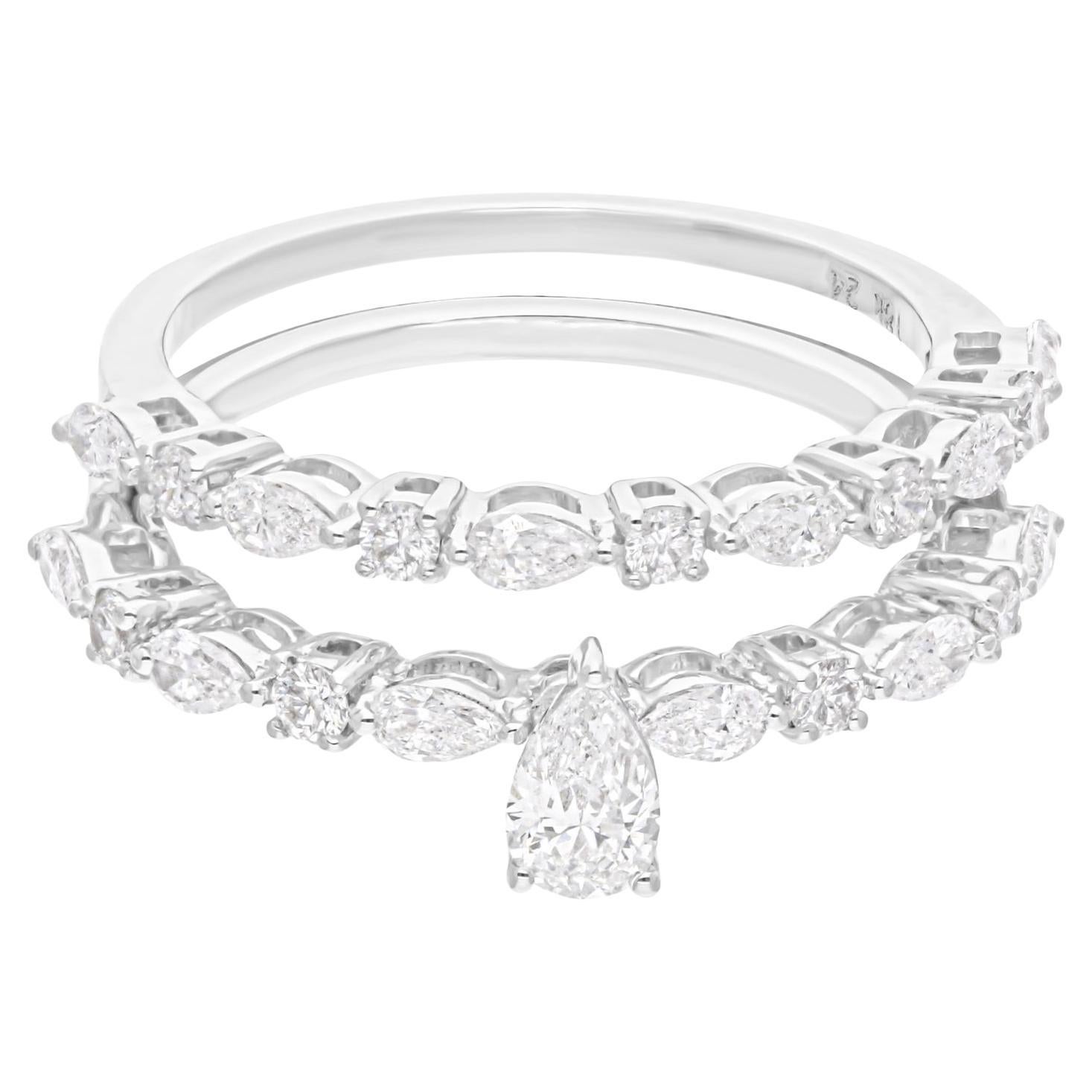 Natürlicher 0,99 Karat SI/H birnenförmiger runder Diamant zwei Ringe 14 Karat Weißgold Schmuck
