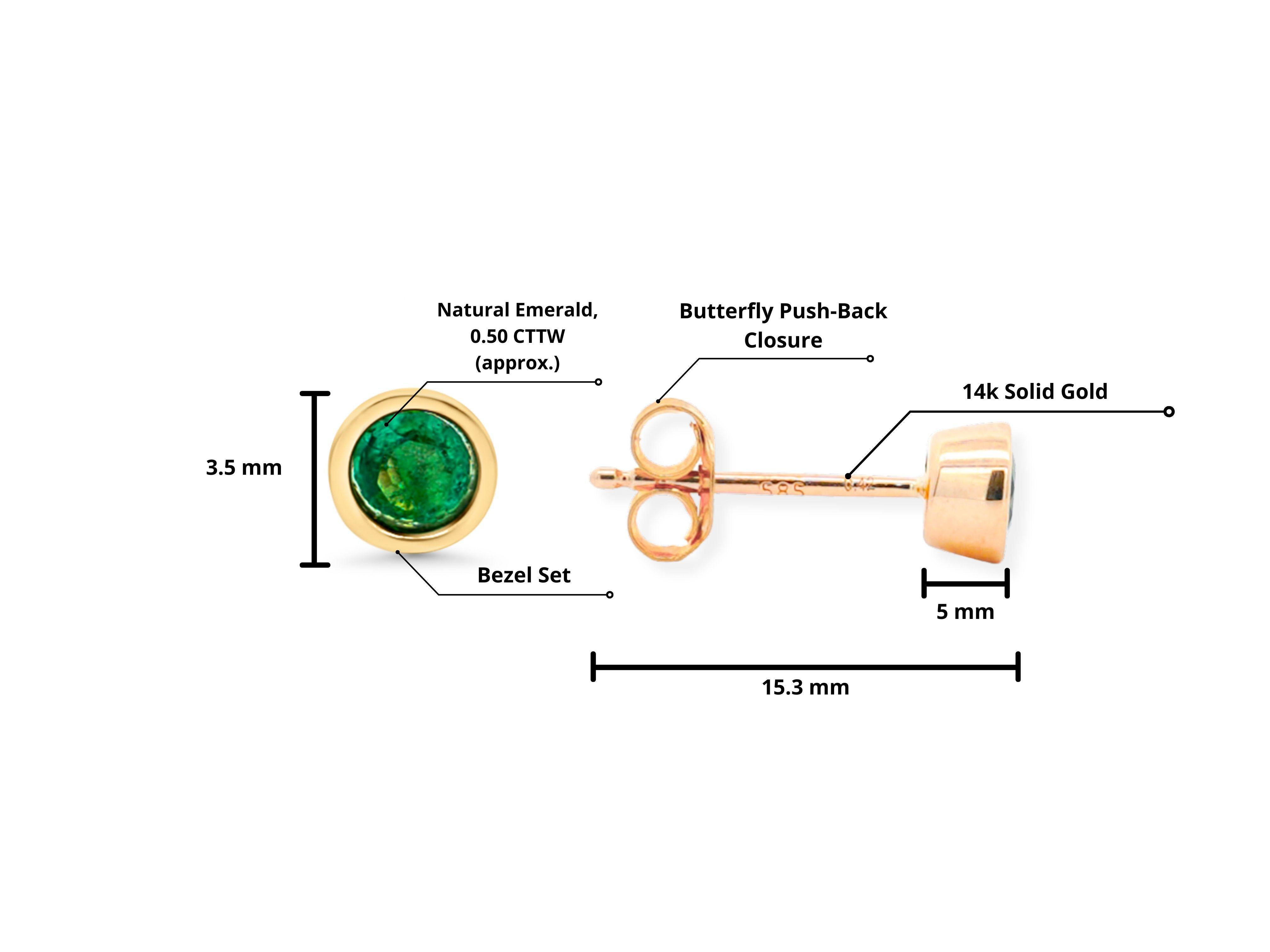 Natural 1/2 Carat Emerald Round Bezel Stud Earrings in 14K Yellow Gold For Sale 2