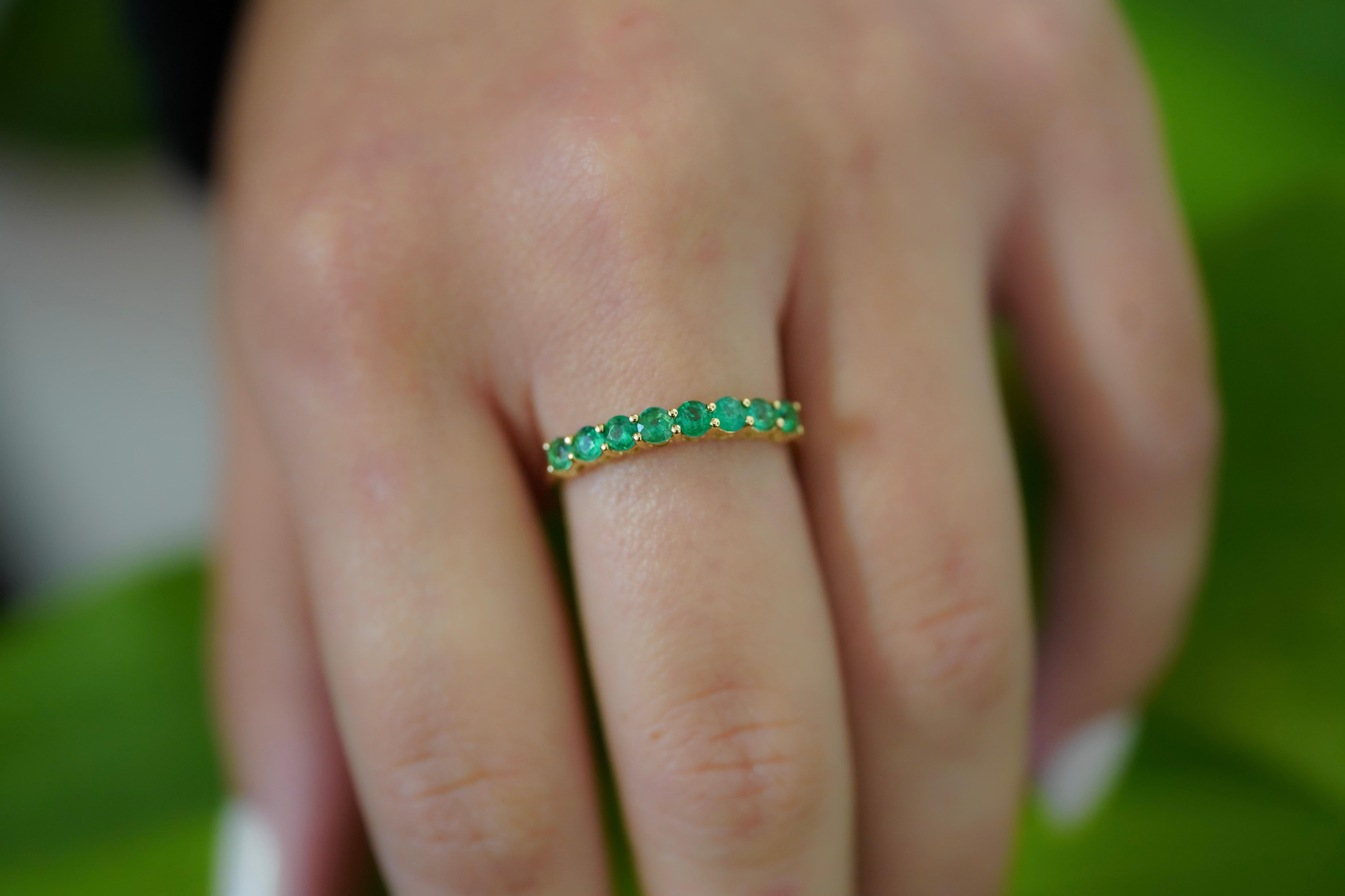 Natural 1/2 Carat Emerald Wedding 2.2mm Band Ring in 14K Yellow Gold For Sale 1