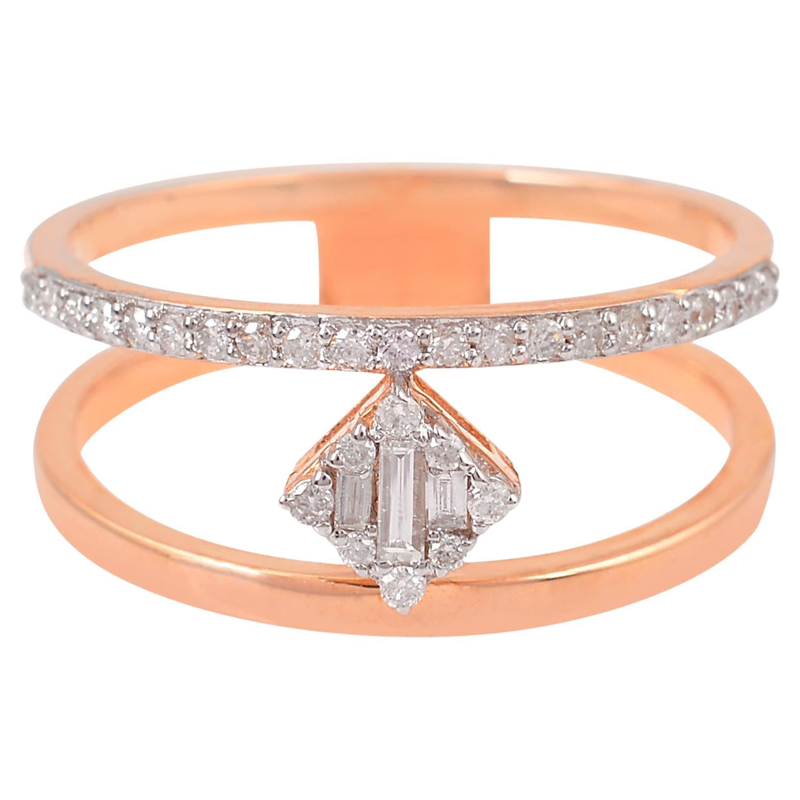 Natural 1/4 Carat Diamond Two Band Ring 18 Karat Rose Gold Handmade Fine Jewelry For Sale