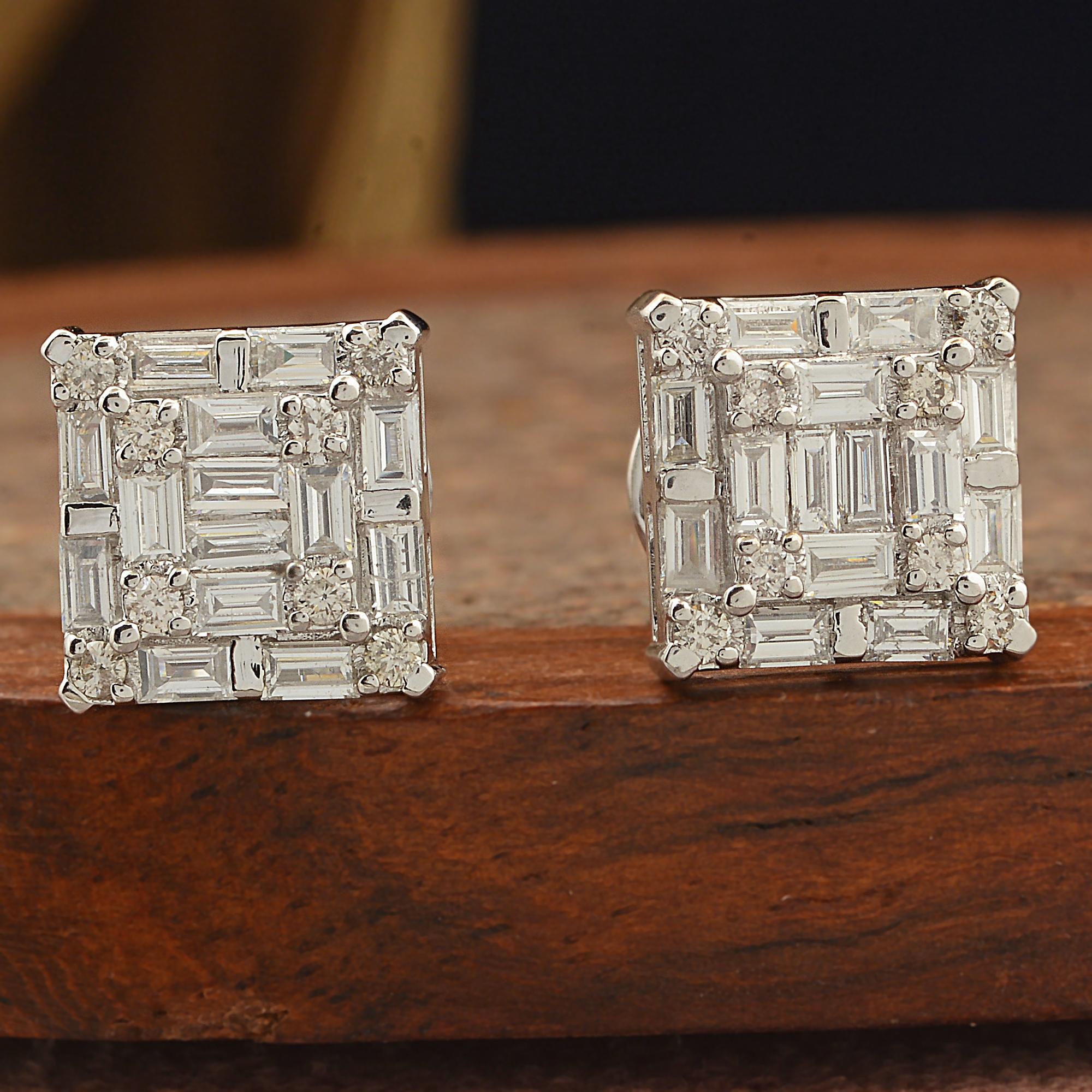 Modern Real 1.13 Carat Baguette Diamond Stud Earrings 14 Karat White Gold Fine Jewelry For Sale