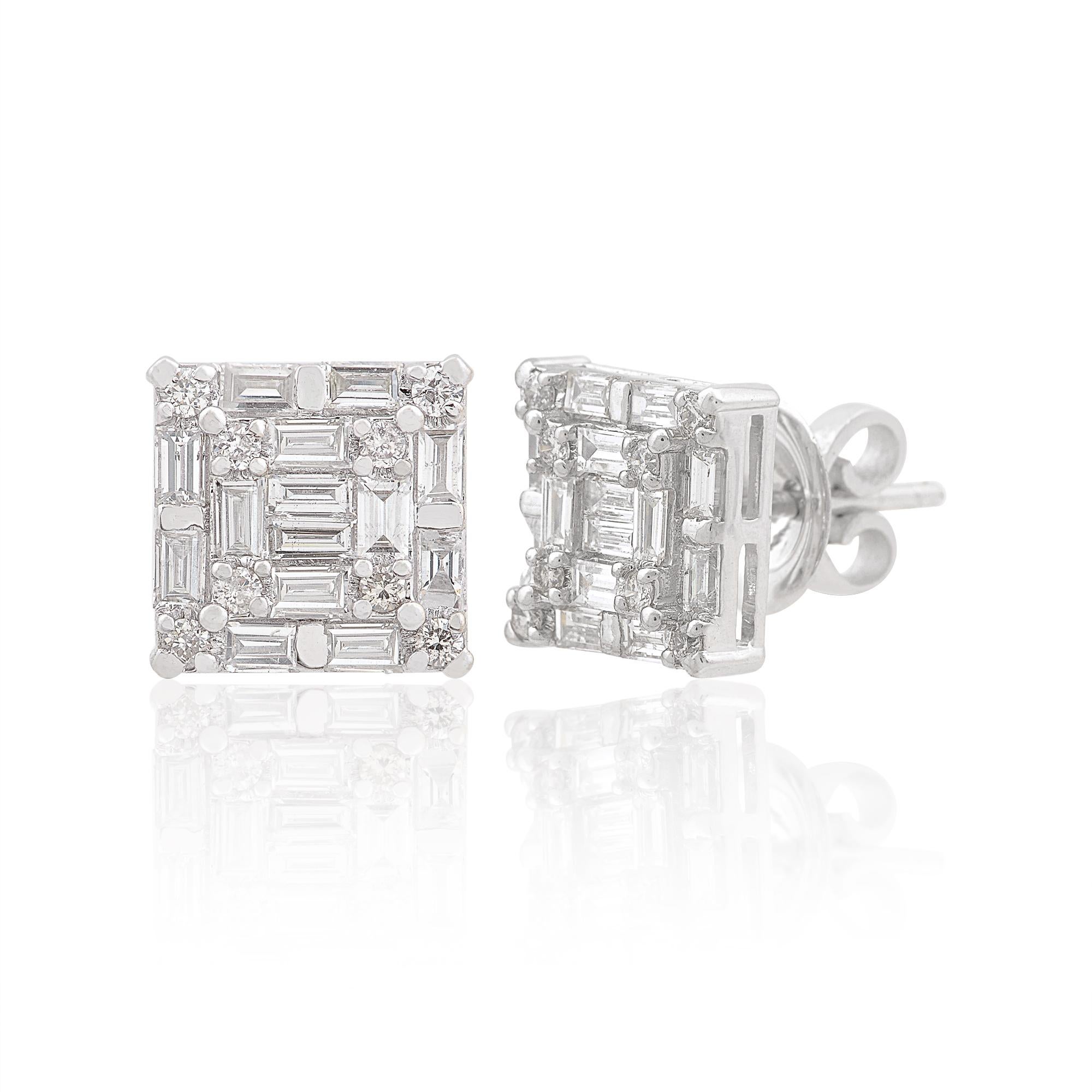 At the heart of each stud earring gleams a genuine 1 carat baguette-cut diamond, meticulously selected for its exceptional quality, clarity, and brilliance. The sleek and elongated shape of the baguette-cut diamonds adds a touch of modernity and