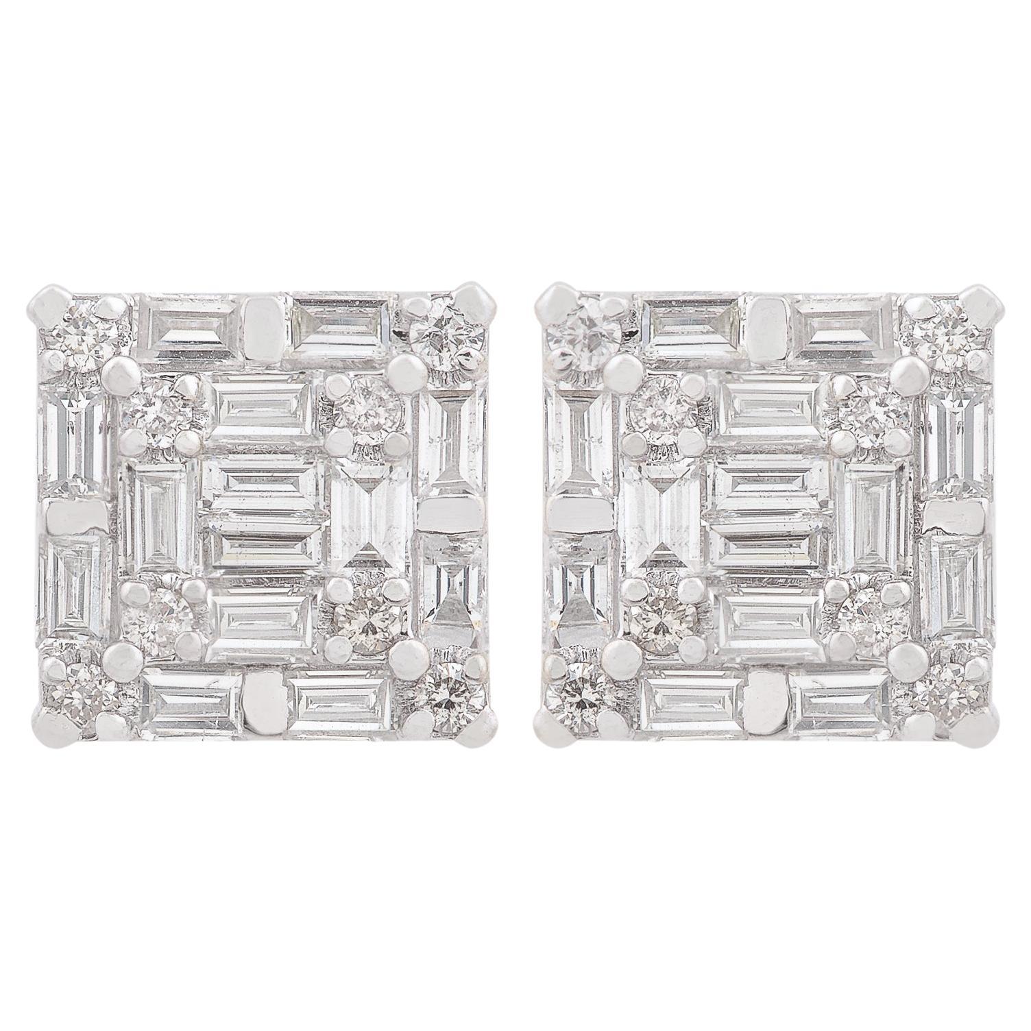 Natural 1 Carat Baguette Diamond Stud Earrings 18 Karat White Gold Fine Jewelry For Sale