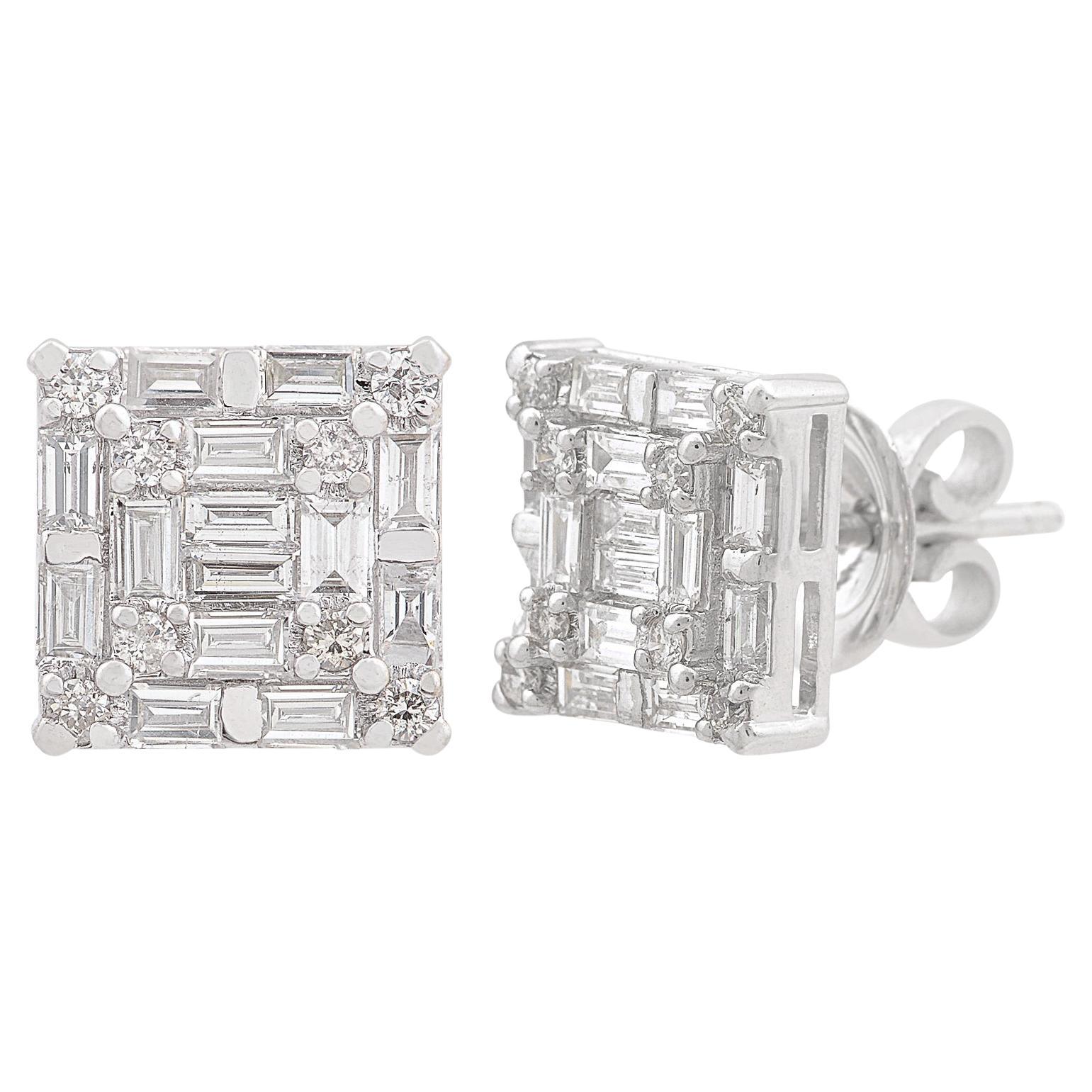 Natural 1 Carat Baguette Diamond Stud Earrings 18 Karat White Gold Fine Jewelry