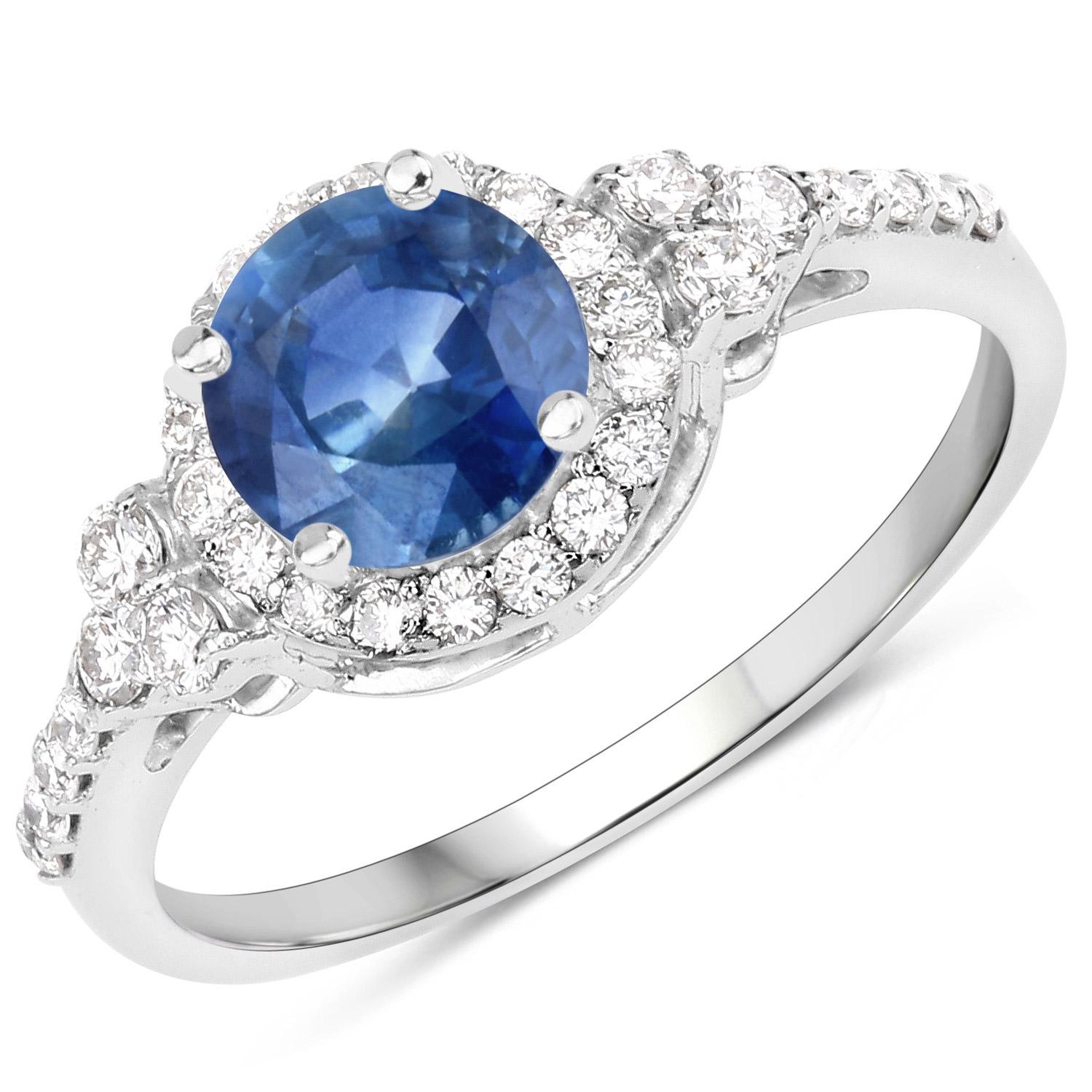 Contemporary Natural 1 Carat Blue Sapphire and Diamond Halo Ring 14K White Gold For Sale