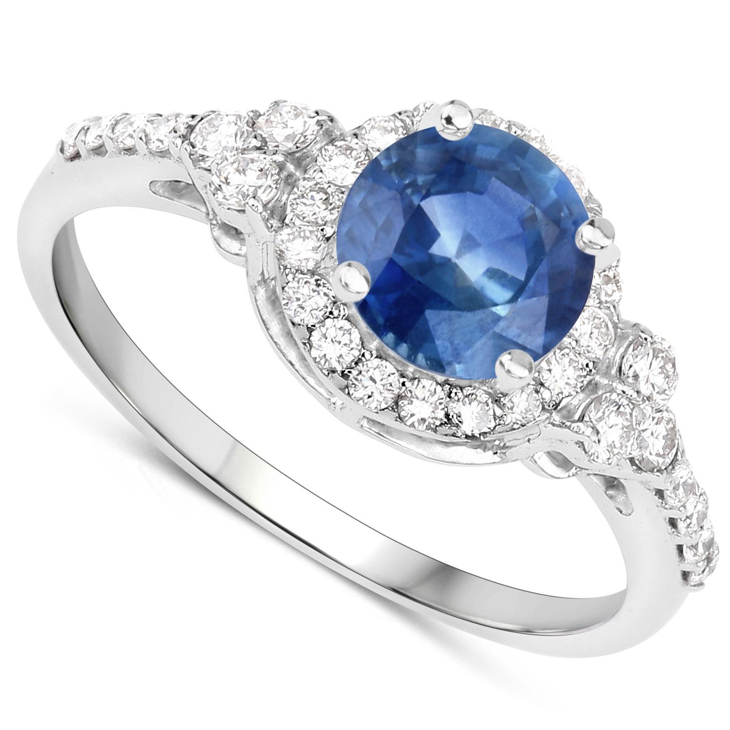 Natural 1 Carat Blue Sapphire and Diamond Halo Ring 14K White Gold In New Condition For Sale In Laguna Niguel, CA