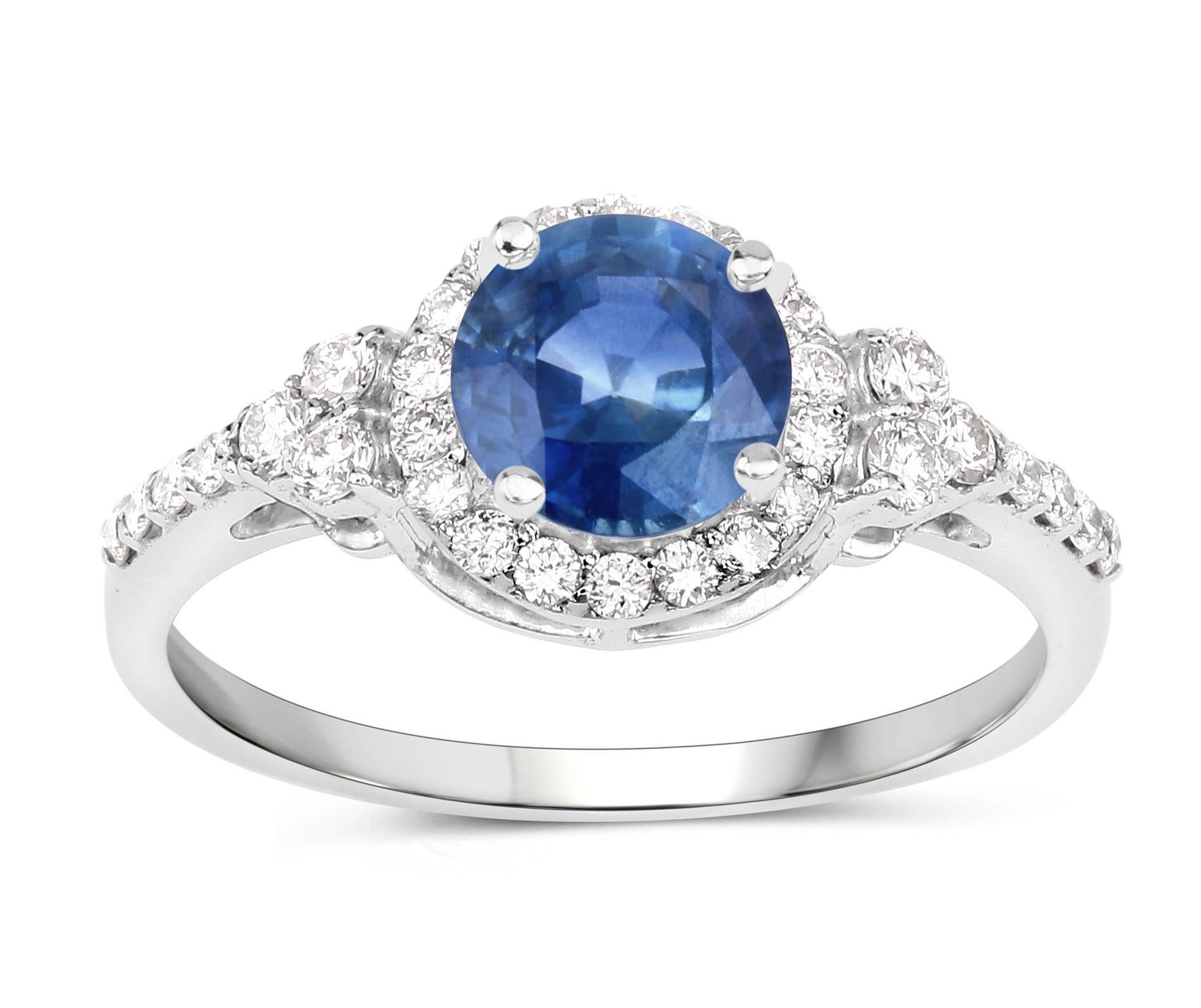 Women's or Men's Natural 1 Carat Blue Sapphire and Diamond Halo Ring 14K White Gold For Sale