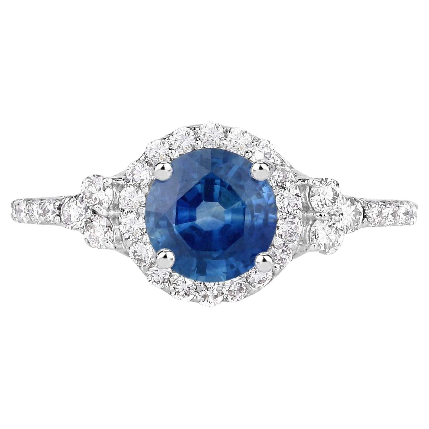 Natural 1 Carat Blue Sapphire and Diamond Halo Ring 14K White Gold For Sale
