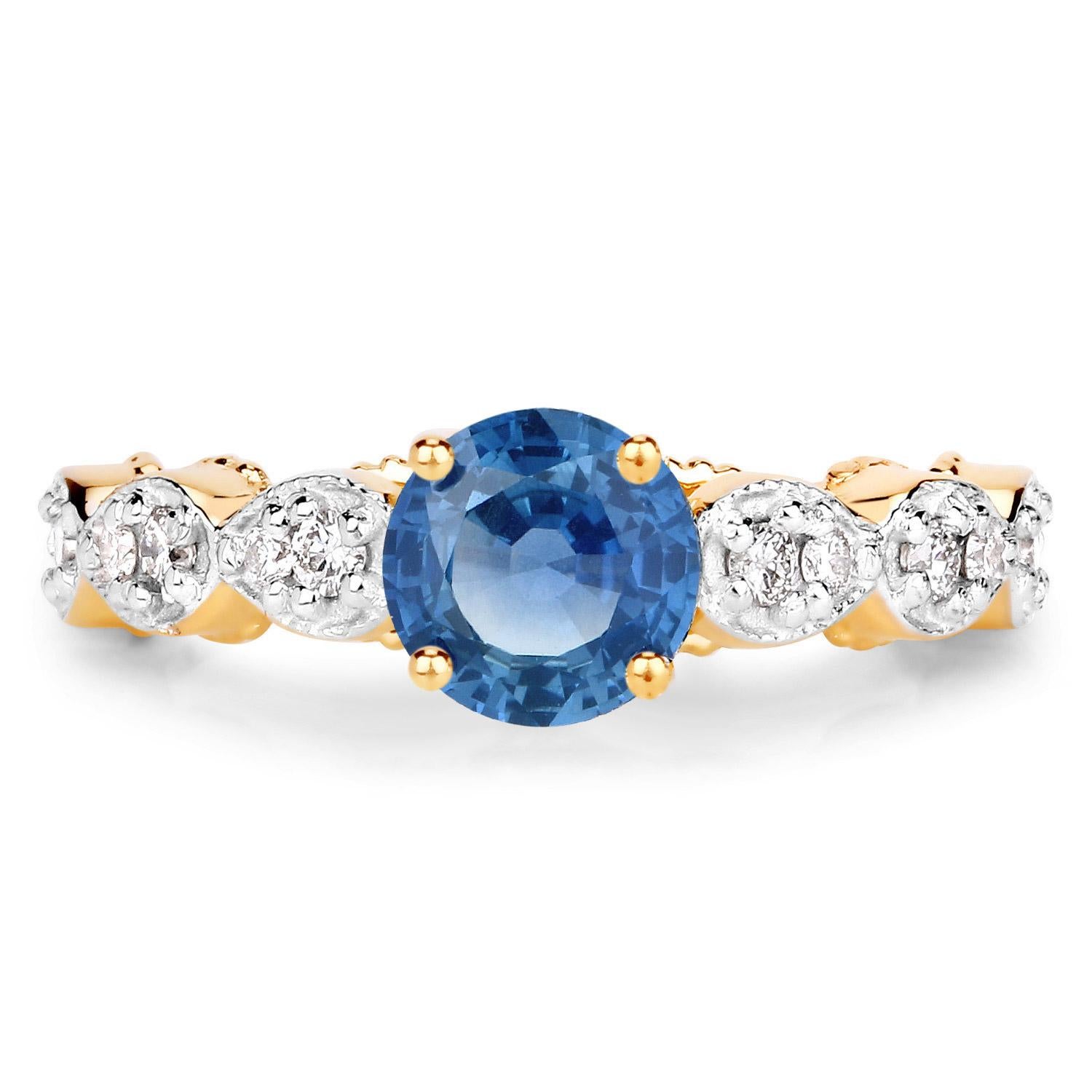 Contemporary Natural 1 Carat Blue Sapphire and Diamond Ring 14K Yellow Gold For Sale