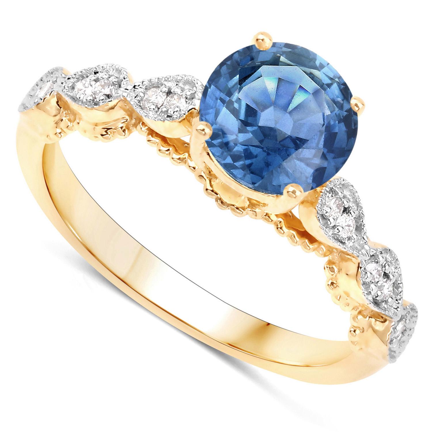 Round Cut Natural 1 Carat Blue Sapphire and Diamond Ring 14K Yellow Gold For Sale