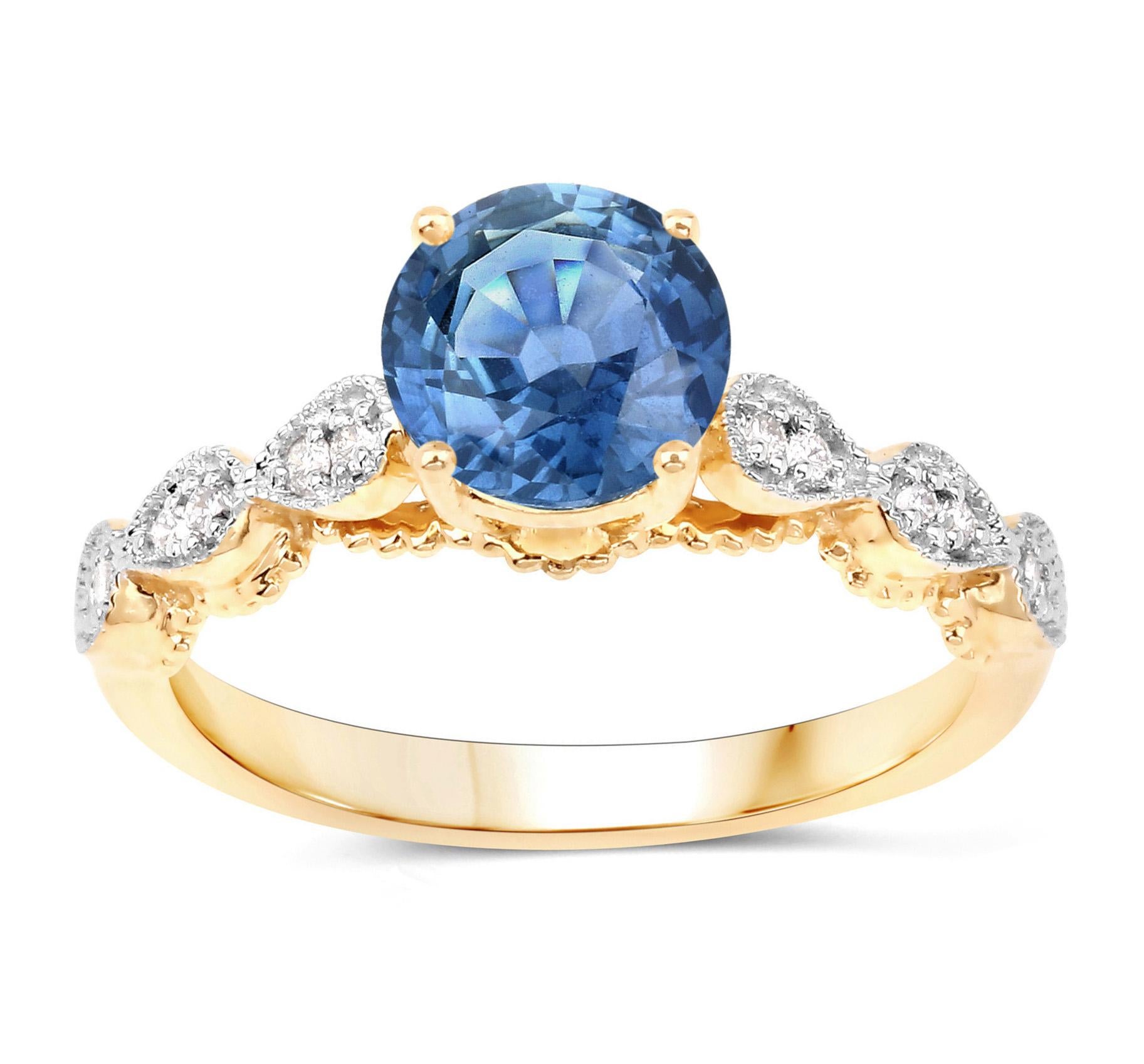 Natural 1 Carat Blue Sapphire and Diamond Ring 14K Yellow Gold In New Condition For Sale In Laguna Niguel, CA