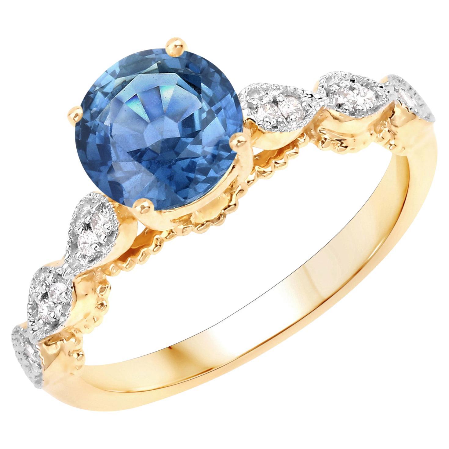 Natural 1 Carat Blue Sapphire and Diamond Ring 14K Yellow Gold For Sale