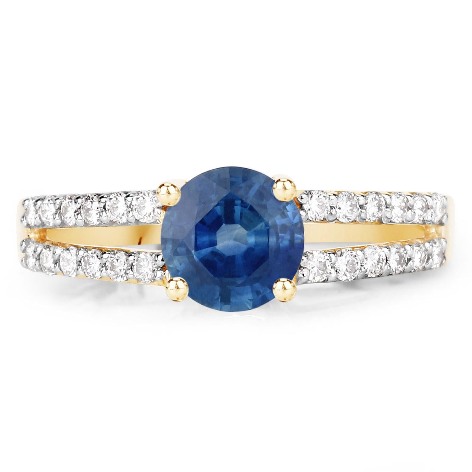 Contemporary Natural 1 Carat Blue Sapphire and Diamond Ring Set In 14K Yellow Gold For Sale