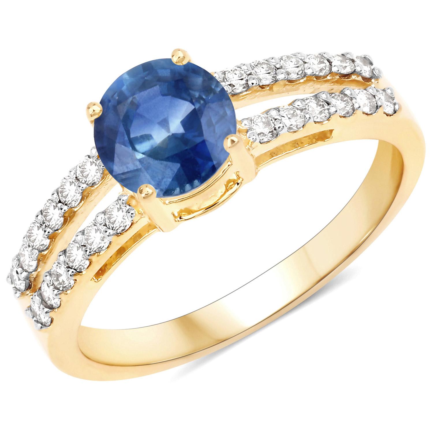 Round Cut Natural 1 Carat Blue Sapphire and Diamond Ring Set In 14K Yellow Gold For Sale