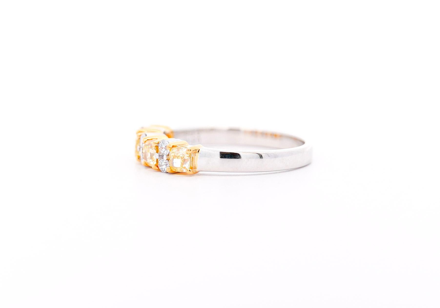 Contemporary Natural 1 Carat Cushion-Cut Fancy Yellow & White Diamond 5-stone Band Ring For Sale