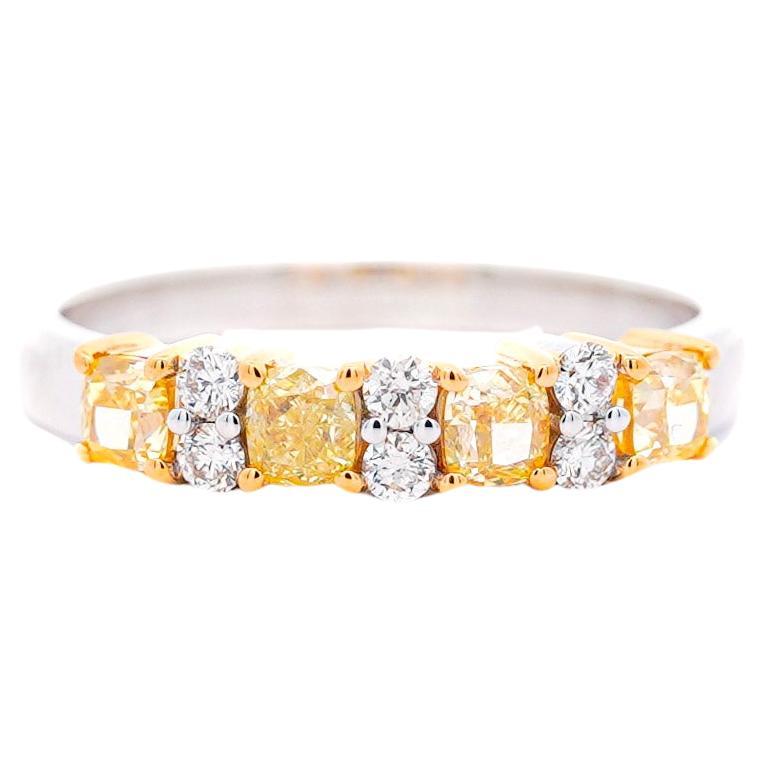 Natural 1 Carat Cushion-Cut Fancy Yellow & White Diamond 5-stone Band Ring For Sale