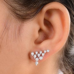 Natural 1 Carat Diamond Cluster Ear Climber Stud Earrings 18k White Gold