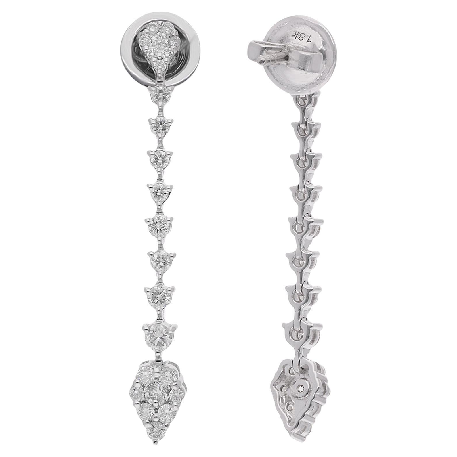Natural 1 Carat Diamond Long Dangle Drop Earrings 18 Karat White Gold Jewelry