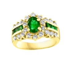 Designer 18K Yellow Gold Emerald and Diamond Halo Ring, 1 Carat