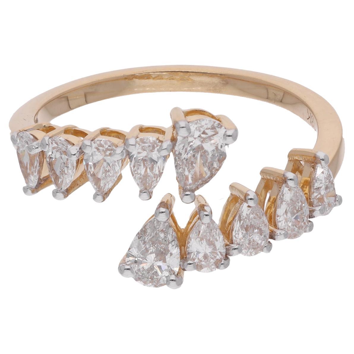 Natural 1 Carat Pear Cut Diamond Open Ring 14 Karat Yellow Gold Handmade Jewelry For Sale