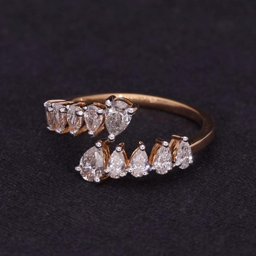 Women's Natural 1 Carat Pear Cut Diamond Open Ring 18 Karat Yellow Gold Handmade Jewelry For Sale