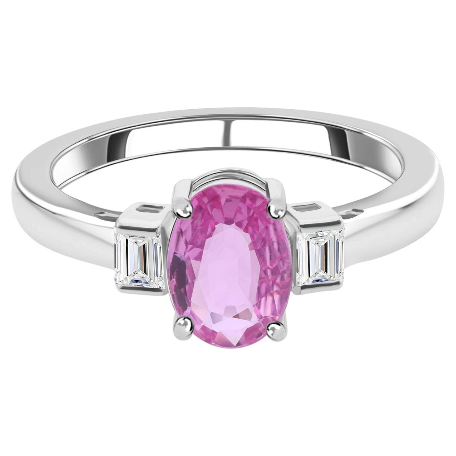 Natural 1 Carat Pink Sapphire 0.26 Carat SI/H Diamond Ring 18 Karat White Gold