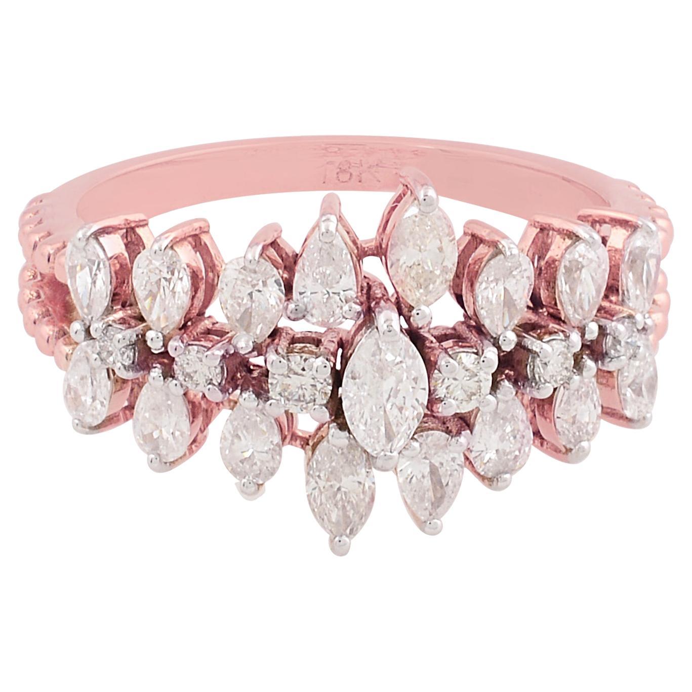 Natural 1 Carat SI/H Diamond Wide Cluster Wedding Ring 18 Karat Rose Gold