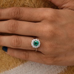Natural 1 Carat Zambian Emerald 0.56 Carat SI/H Diamond Ring 18 Karat White Gold
