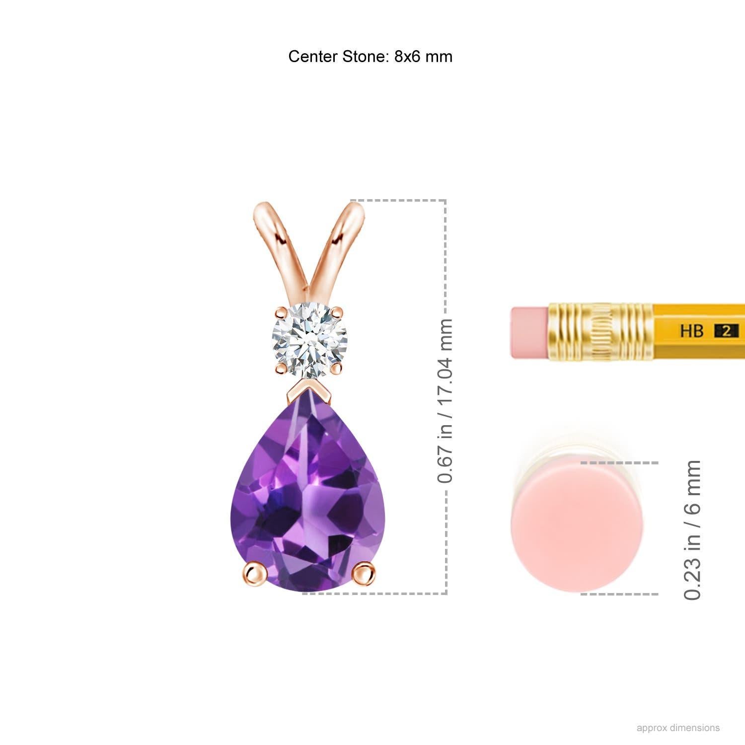 A pear-shaped deep purple amethyst is secured in a prong setting and embellished with a diamond accent on the top. Simple yet stunning, this teardrop amethyst pendant with V bale is sculpted in 14k rose gold.