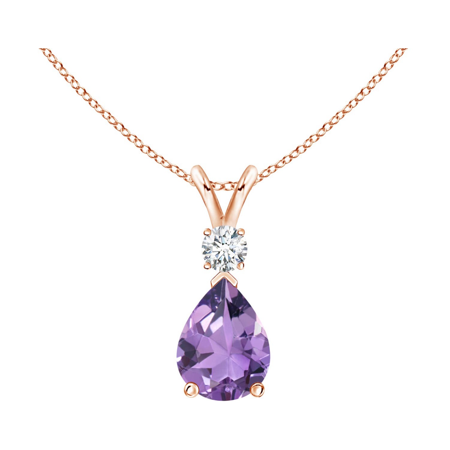 Ciondolo a goccia con ametista naturale da 1 carato e diamante in oro rosa 14 carati
