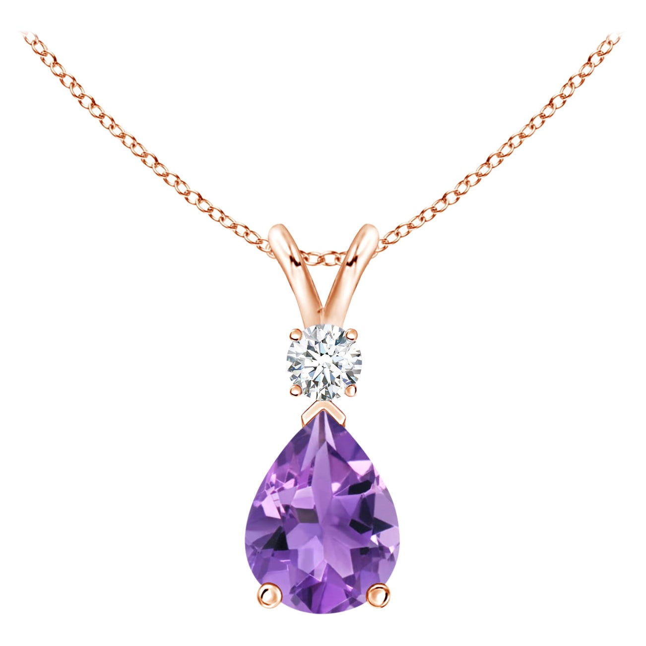 Ciondolo a goccia con ametista naturale da 1 carato e diamante in oro rosa 14 carati