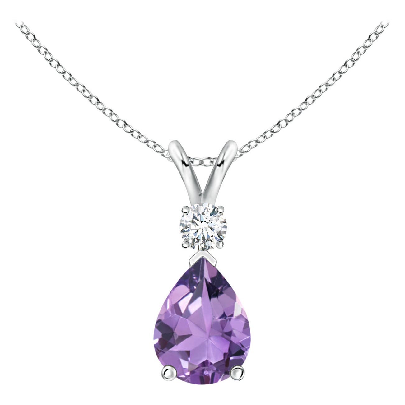 Pendentif larme en or blanc 14 carats avec améthyste naturelle de 1 carat et diamants