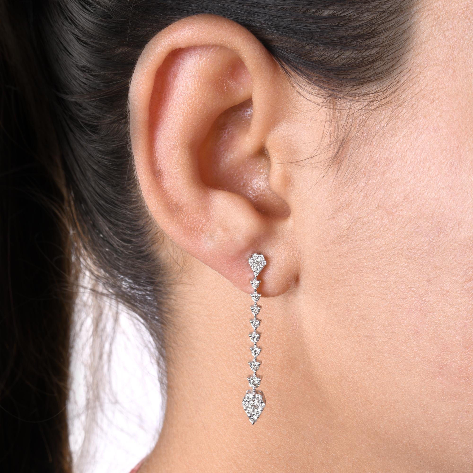 Taille ronde Boucles d'oreilles pendantes en diamant naturel de 1,00 carat en or blanc 14 carats Bijoux faits main en vente