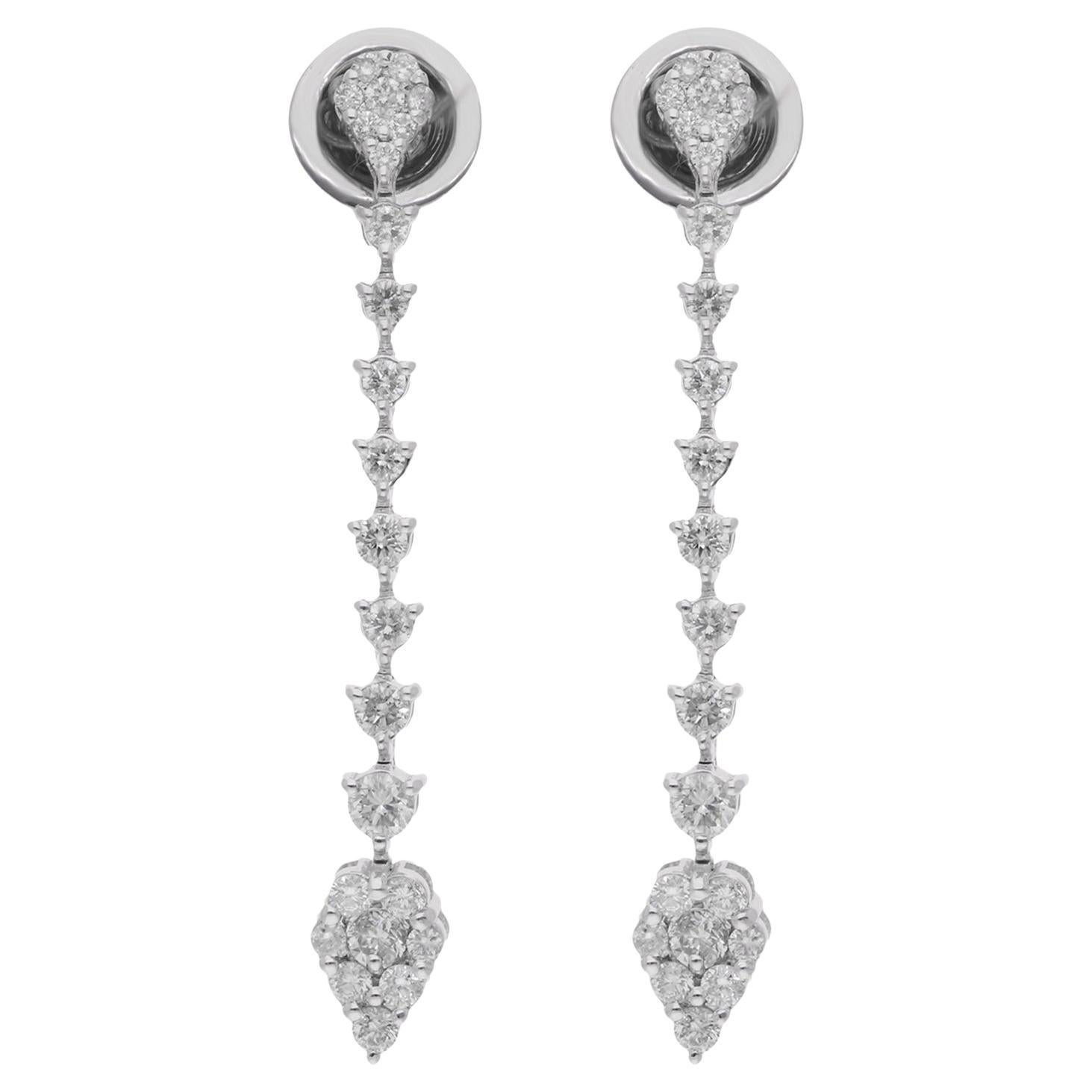 Natural 1.00 Carat Diamond Dangle Earrings 14 Karat White Gold Handmade Jewelry For Sale