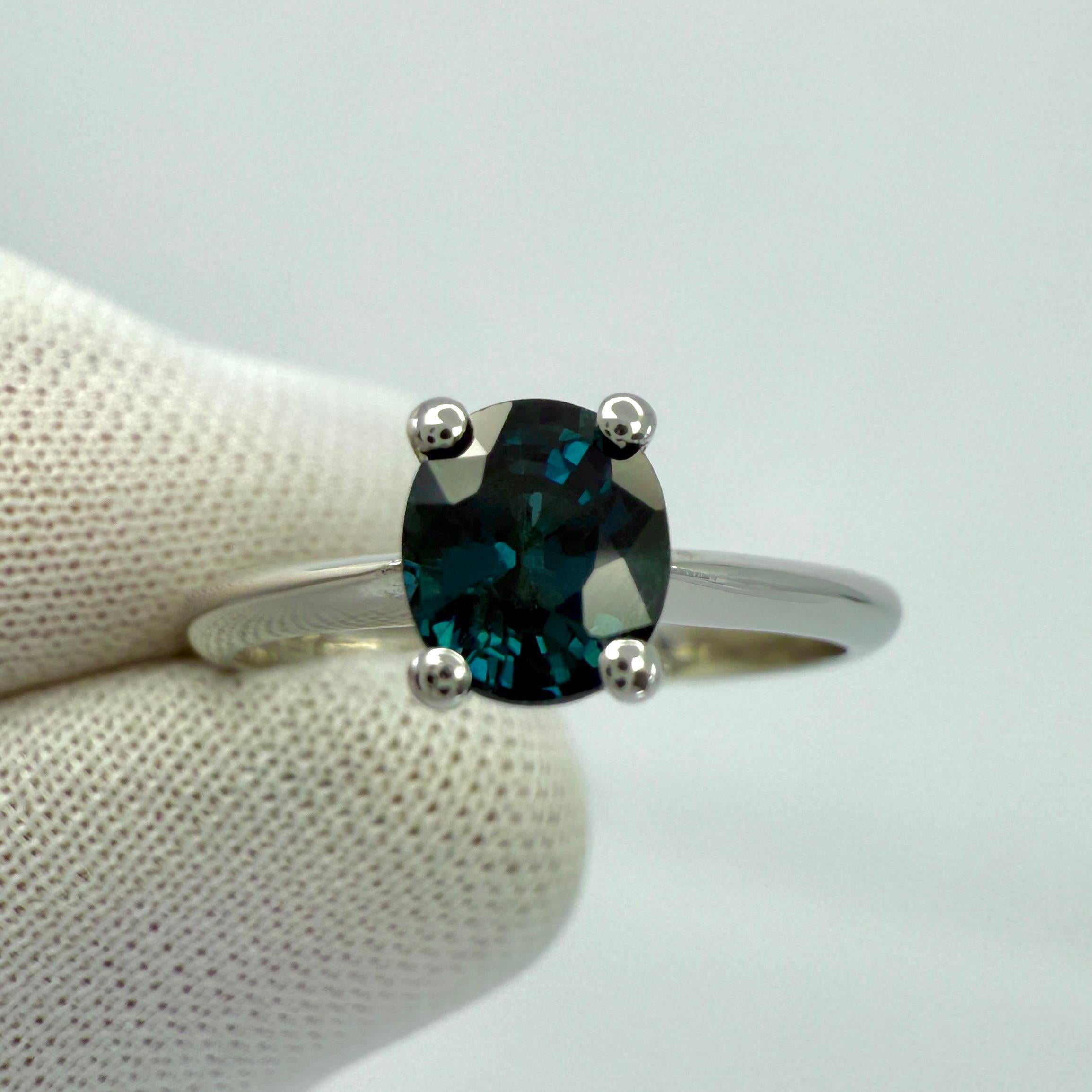 Natural 1.00ct Deep Teal Blue Sapphire Oval Cut Platinum Solitaire Ring In New Condition For Sale In Birmingham, GB