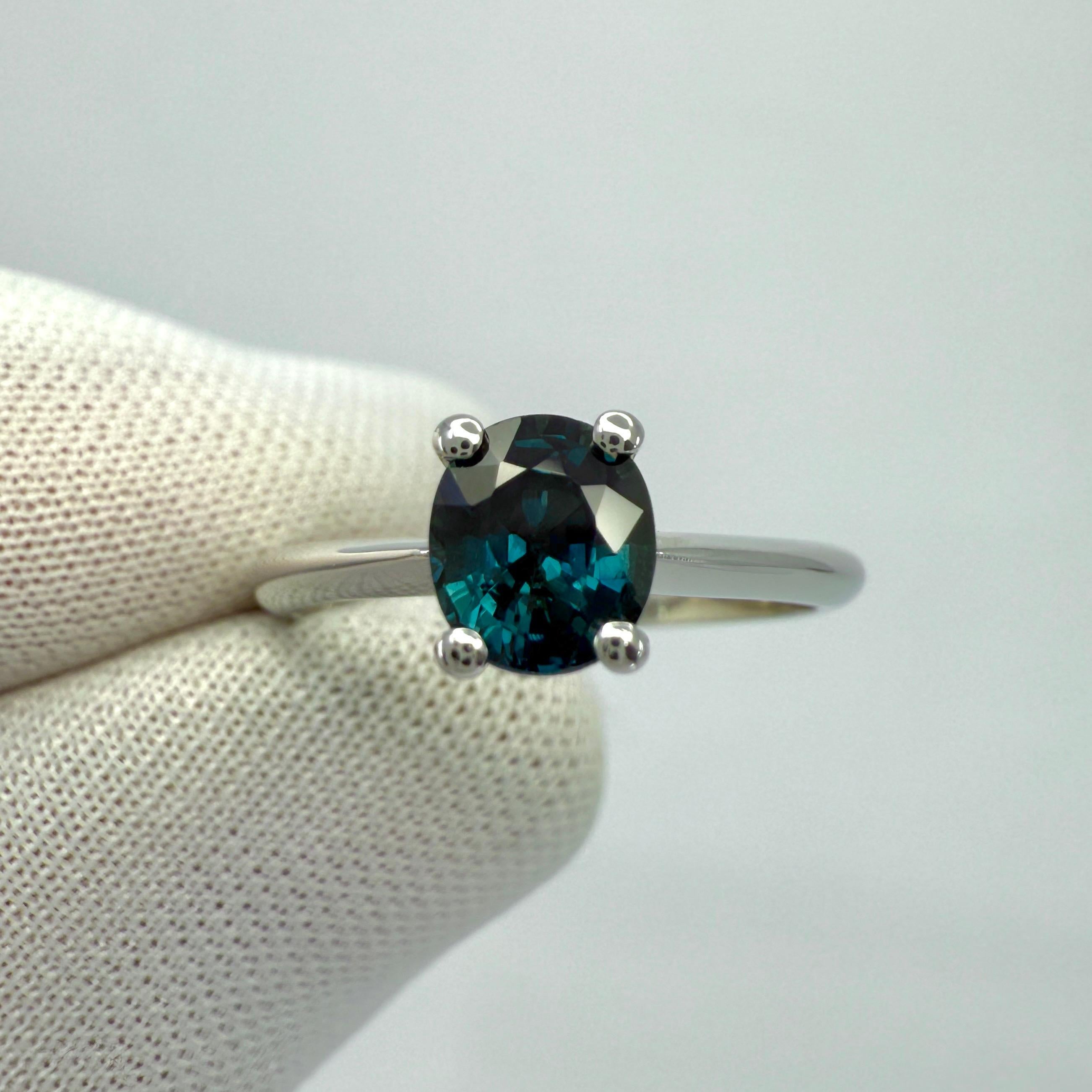 Natural 1.00ct Deep Teal Blue Sapphire Oval Cut Platinum Solitaire Ring For Sale 2