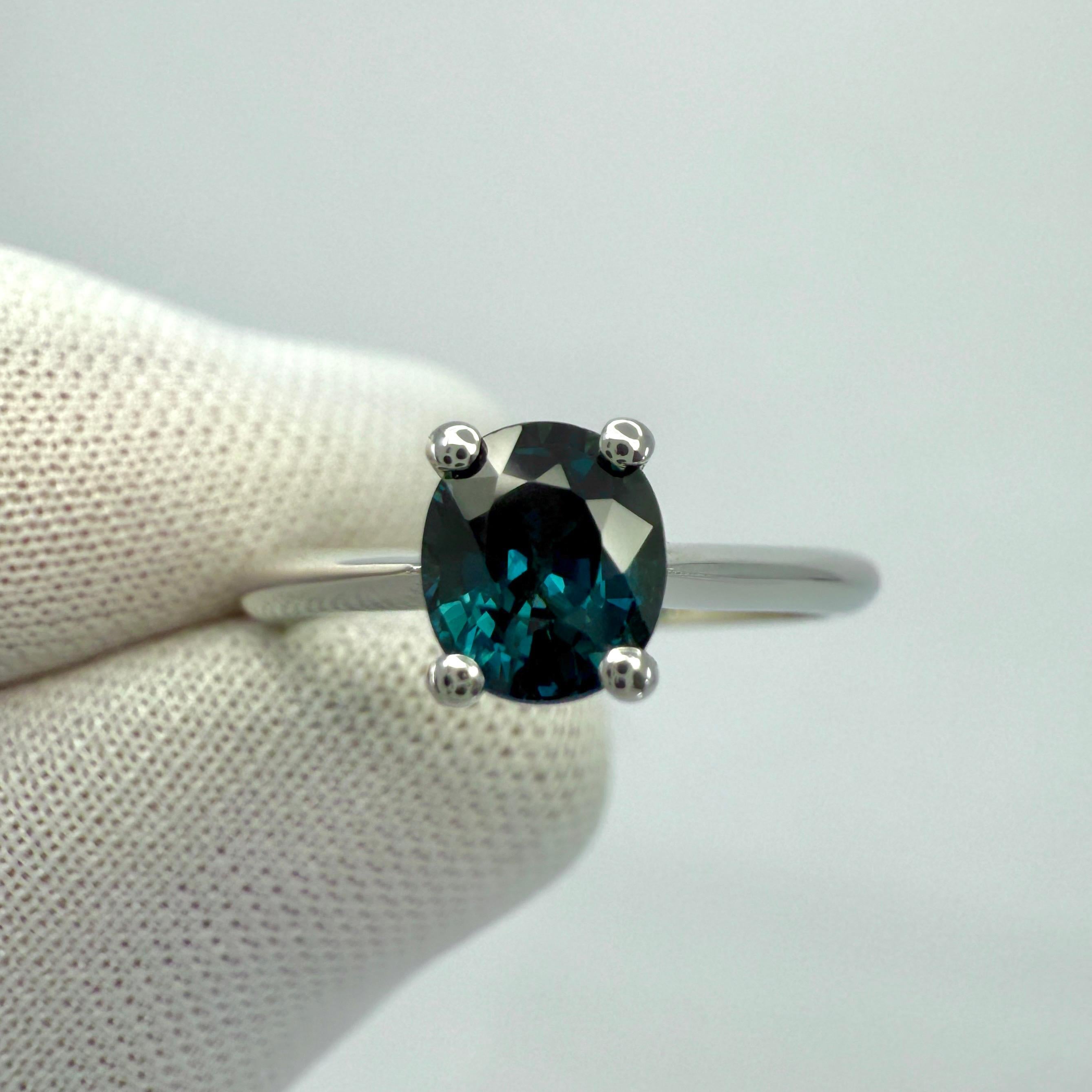 Natural 1.00ct Deep Teal Blue Sapphire Oval Cut Platinum Solitaire Ring For Sale 4