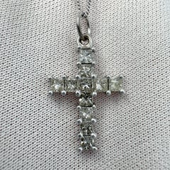 Natural 1.00ct Princess Cut Diamond Cross 18k White Gold Pendant Necklace 3.53g