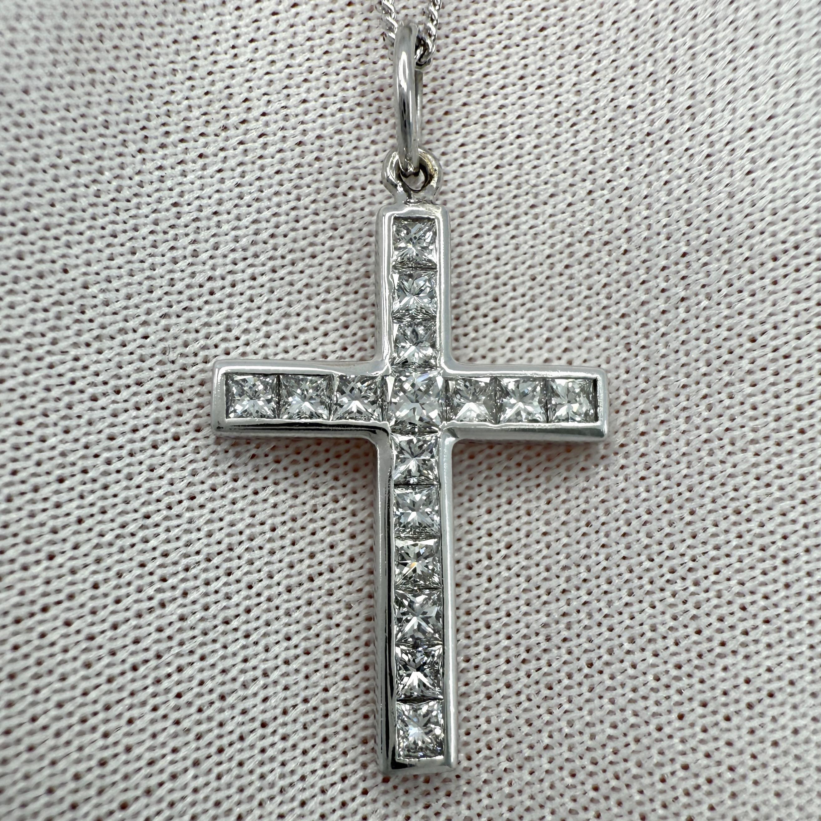 Women's or Men's Natural 1.00ct Princess Cut Diamond Cross 18k White Gold Pendant Necklace VVS For Sale
