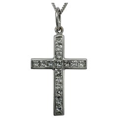 Natural 1.00ct Princess Cut Diamond Cross 18k White Gold Pendant Necklace VVS
