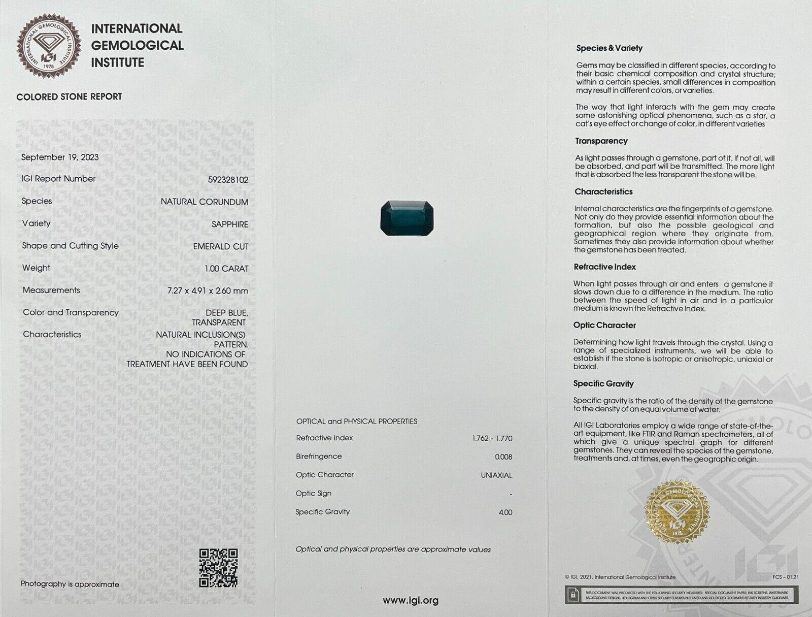 Nature 1.00ct Untreated Deep Blue Sapphire IGI Certified Emerald Octagon Cut en vente 1