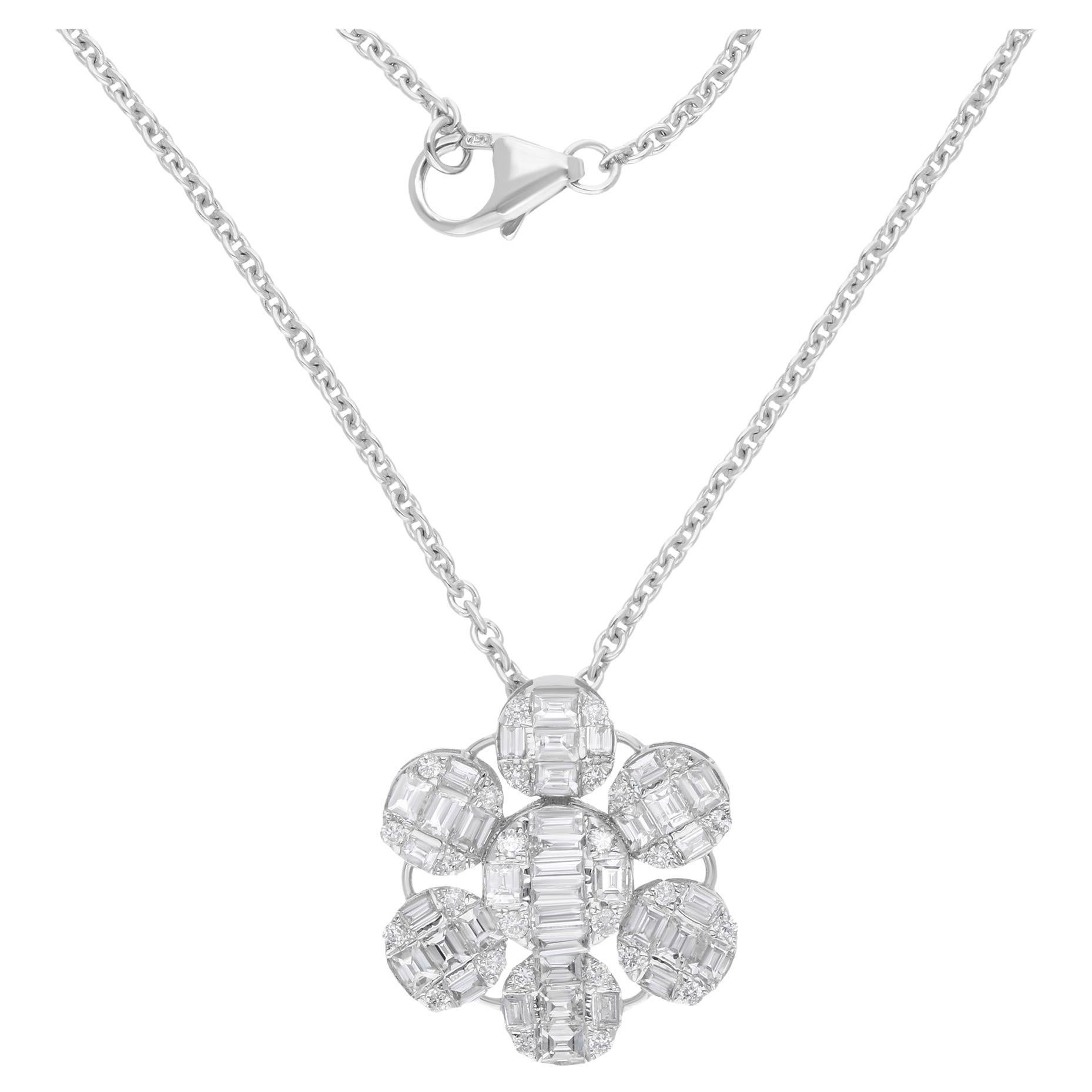 Collier pendentif fleur en or blanc 18 carats avec diamants baguettes naturels de 1,01 carat