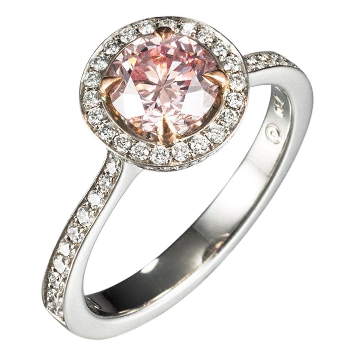 Natural 1.01 Carat Fancy-Intense Pink Round Brilliant-Cut Diamond Solitaire Ring For Sale