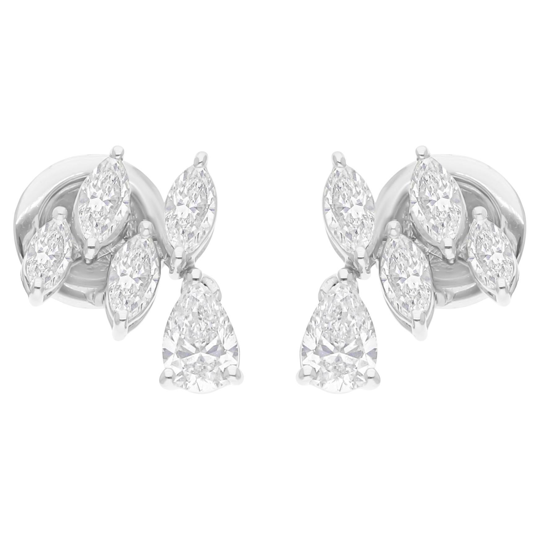 Natural 1.02 Carat Diamond Cluster Drop Stud Earrings 18 Karat White Gold For Sale