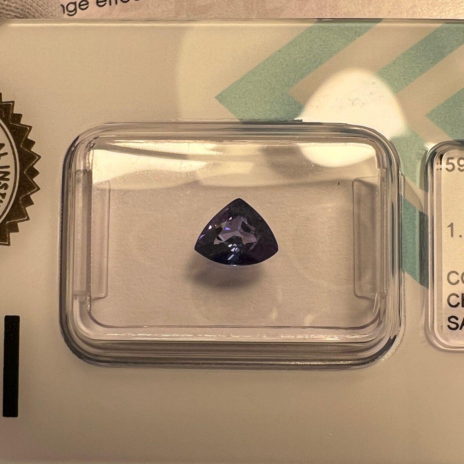 Natural 1.02ct Colour Change Sapphire Purple Blue Pink IGI Trillion Triangle Cut

Natural Rare Colour Change Sapphire Gemstone.
1.02 Carat sapphire with a rare colour change effect. Changing colour depending on the light its viewed in. Very rare for