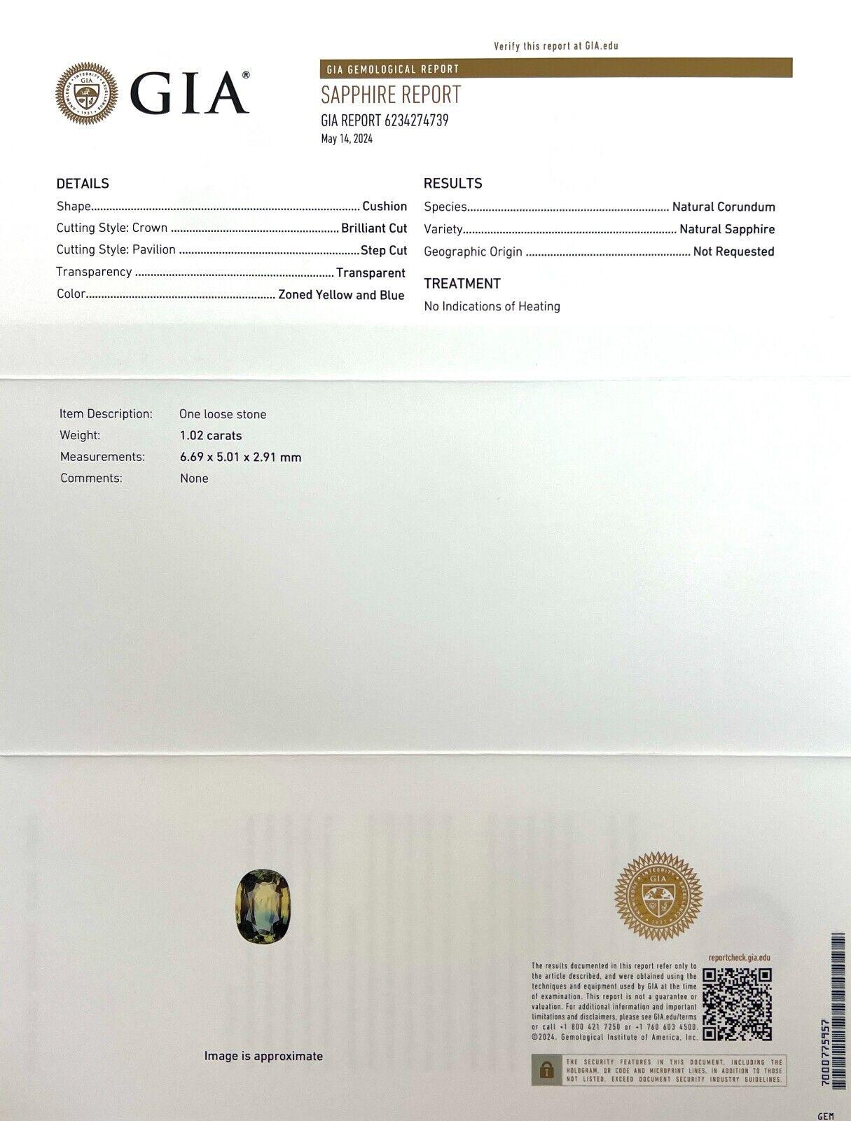 Natural 1.02ct Untreated Bi Colour Sapphire Gia Certified Cushion Cut Gem In New Condition For Sale In Birmingham, GB